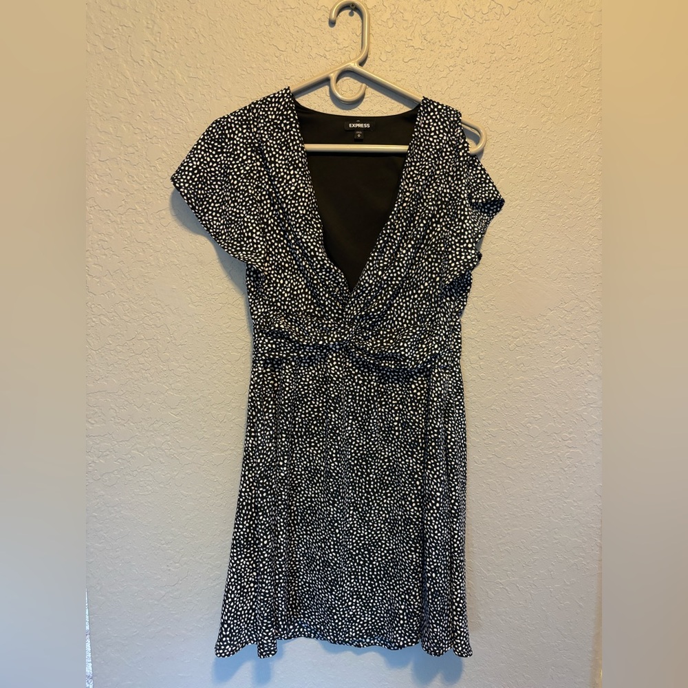 Express polka dot black blue and white dress with split sleeves size medium